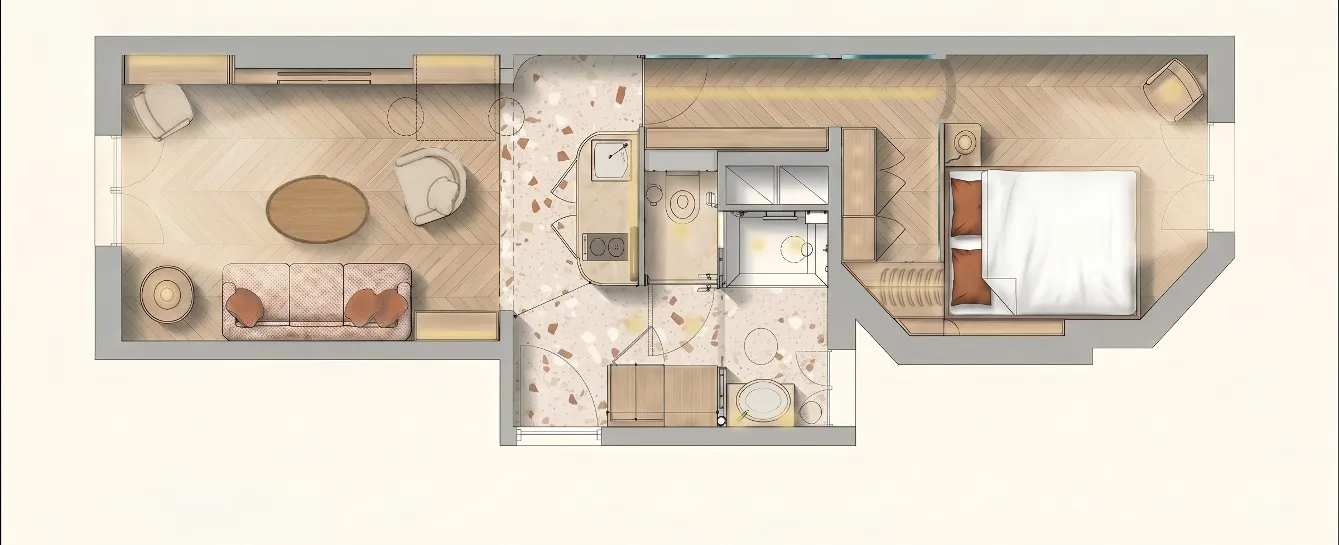 Planche d'ambiance avec mobilier, palette de couleurs et inspirations pour un appartement parisien.